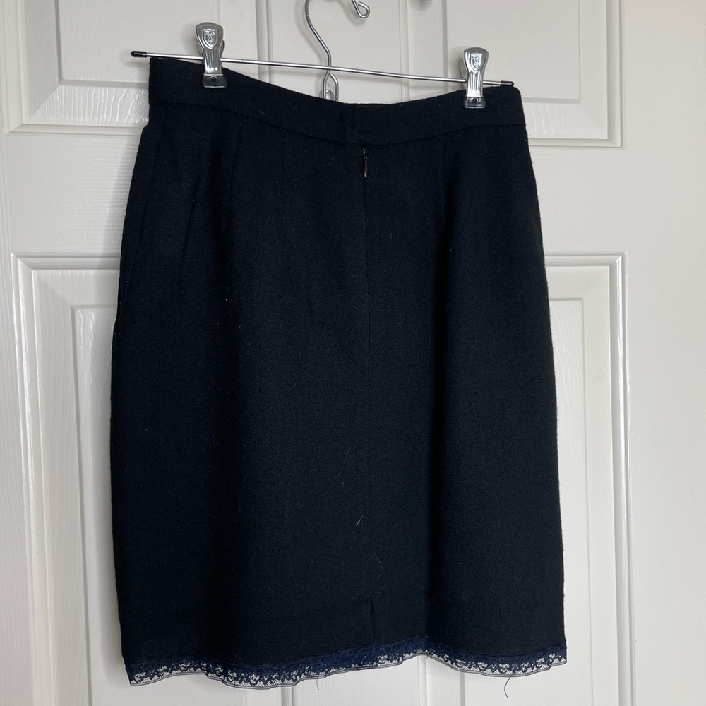 Vintage Anne Klein pure wool black with blue lace trim pencil skirt | 6